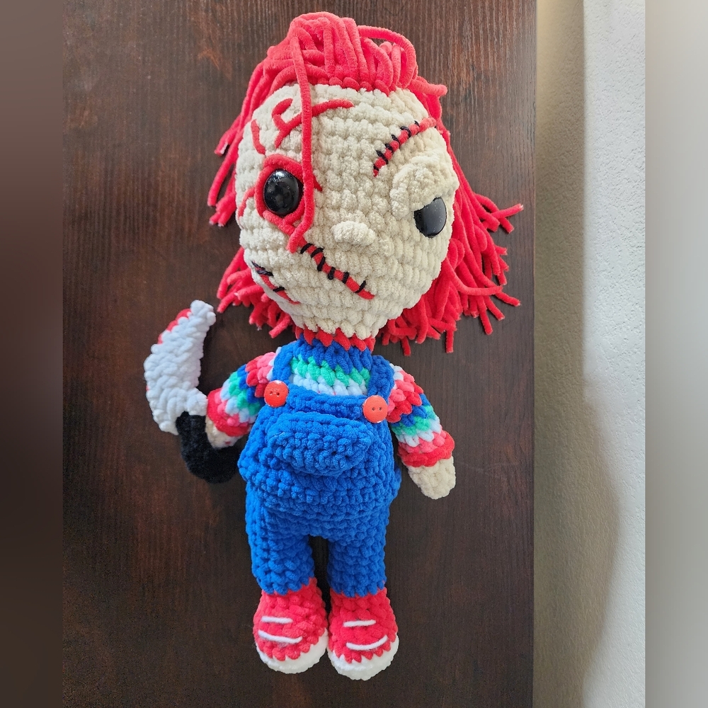 Crochet Chucky Doll with Red Hair and Blue Overalls From The Movie Child's Play